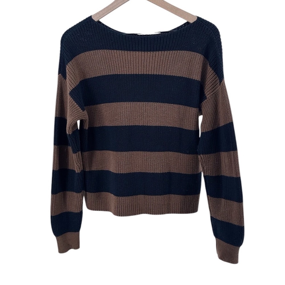 Margaret O'Leary Striped Knit Sweater Womens Medium Brown Black Cotton Pullover - Picture 2 of 6